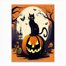 Halloween cat sitting on pumpkin Canvas Print