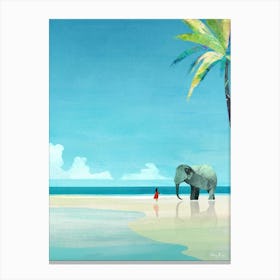 Elephant and the Girl | Beach Vacation Travel Illustration| Sea Ocean Summer Coastal Landscape | Palm Trees Canvas Print