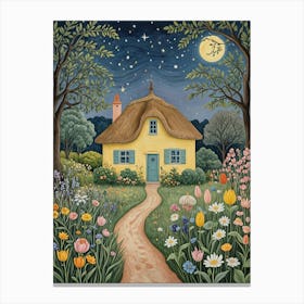 Thatched Yellow Cottage At Night Canvas Print