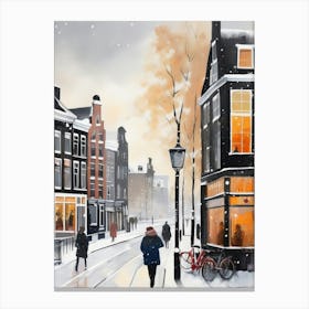 Amsterdam cafes, winter season, Christmas, autumn oil colors, pale colors, pedestrians in the street, winter clothes, falling snow.10 Lienzo