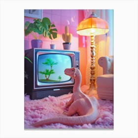 Pastel Pink Toy Dinosaur Watching Tv Canvas Print