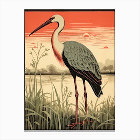 Vintage Bird Linocut Stork 1 Canvas Print