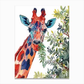 Watercolour Giraffe Head In The Leaves 2 Canvas Print