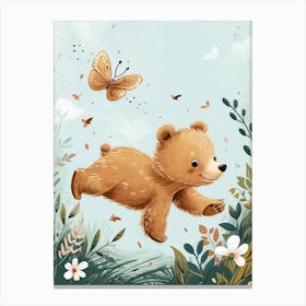 Brown Bear Cub Chasing After A Butterfly Storybook Illustration 2 Canvas Print