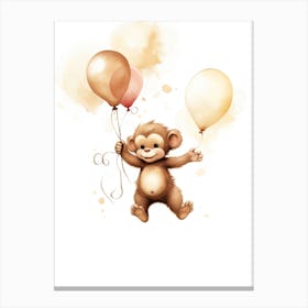 Baby Monkey Flying With Ballons, Watercolour Nursery Art 1 Canvas Print