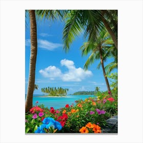 Tropical Beach With Palm Trees And Flowers Canvas Print