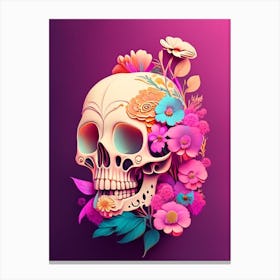 Skull With Psychedelic Patterns 1 Pink Vintage Floral Canvas Print