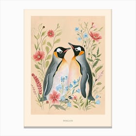 Folksy Floral Animal Drawing Penguin Poster Canvas Print
