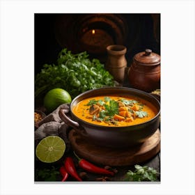 Autumn Pumpkin Curry Soup Steaming In A Rustic Ceramic Bowl Surrounded By An Array Of Vividly Spice 2 1 Canvas Print