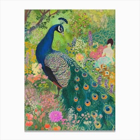 Peacock & Woman In The Meadow Sketch Canvas Print