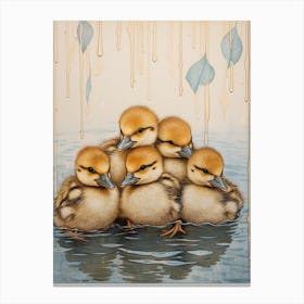 Ducklings In The Rain Japanese Woodblock Style 3 Canvas Print