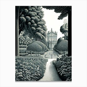 Gardens Of The Palace Of Versailles, France Linocut Black And White Vintage Canvas Print