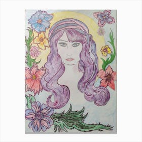 Floral girl with purple hair Canvas Print