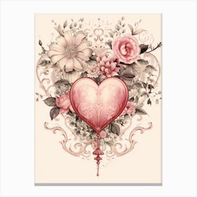Floral Vintage Sepia Blush Pink Heart 1 Canvas Print