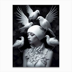 Woman With Birds On Her Head Canvas Print