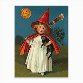 Cute Little Witch Under A Pumpkin Moon Canvas Print