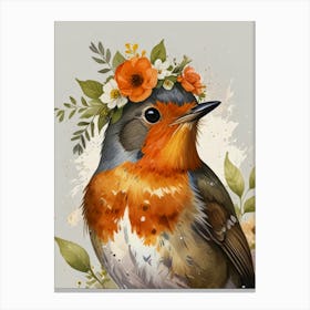 Robin With Flower Crown2 Style Watercolor Canvas Print