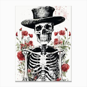 Floral Skeleton With Hat Ink Painting (15) Canvas Print