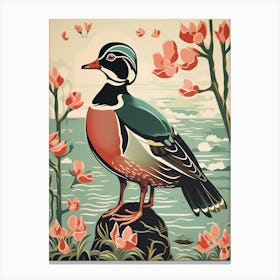 Vintage Bird Linocut Wood Duck 2 Canvas Print