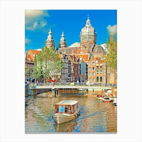 Amsterdam, St Nicolaaskerk View From Canal Canvas Print