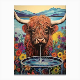 Floral Colourful Illustration Of Highland Cow Drinking Out Of Trough 2 Canvas Print