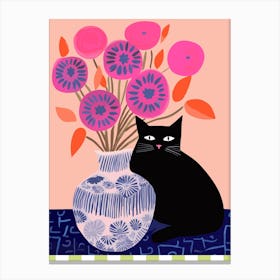 Black Cat With A Vase With Pink Poppies Illustration Canvas Print