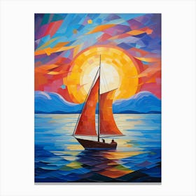 Sailing Boat at Sunset IV, Vibrant Colorful Painting in Cubism Picasso Style Canvas Print