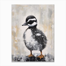 Snow Scene Of Duckling Black & White 2 Canvas Print