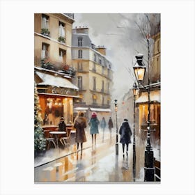 Paris cafes, winter season, Christmas, autumn oil colors, pale colors, pedestrians in the street, winter clothes, falling snow.Christmas decorations.9 1 Canvas Print