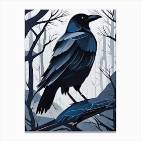 Crow, Raven In The Forest, crow, crow in forest, crow in dark forest, bird in dark forest, black and grey Canvas Print