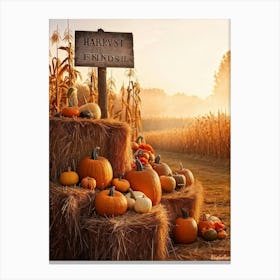 Autumn Harvest Celebration Pumpkins And Gourds Of Various Sizes Nestled In A Straw Bale Mound Flan Canvas Print