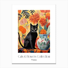 Cats & Flowers Collection Poppy Flower Vase And A Cat, A Painting In The Style Of Matisse 1 Canvas Print