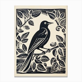 B&W Bird Linocut Magpie 1 Canvas Print