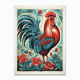 Vintage Bird Linocut Rooster 1 Canvas Print