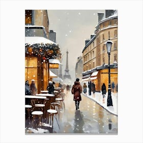 Paris cafes, winter season, Christmas, autumn oil colors, pale colors, pedestrians in the street, winter clothes, falling snow.Christmas decorations.14 Canvas Print