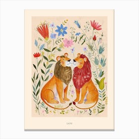 Folksy Floral Animal Drawing Lion 2 Poster Canvas Print