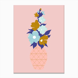 Blue And Gold Flowers In A Pink Vase Canvas Print