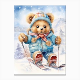 Skiing Teddy Bear Painting Watercolour 4 Canvas Print