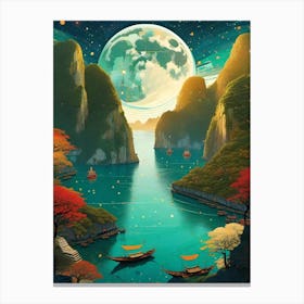 Ha Long Bay Vietnam - Moonlight In The Mountains - Trippy Abstract Cityscape Iconic Wall Decor Visionary Psychedelic Fractals Fantasy Art Cool Full Moon Third Eye Space Sci-fi Awesome Futuristic Ancient Paintings For Your Home Gift For Him Canvas Print