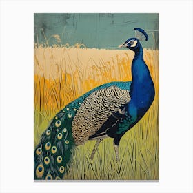 Blue Mustard Peacock In The Grass Linocut Inspired 2 Canvas Print