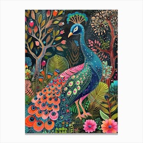 Folky Floral Peacock At Night With The Plants 1 Canvas Print