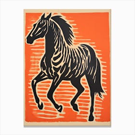 Black Horse, Woodblock Animal  Drawing 7 Canvas Print