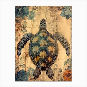 Textured Floral Sea Turtle Blue & Sepia 1 Canvas Print
