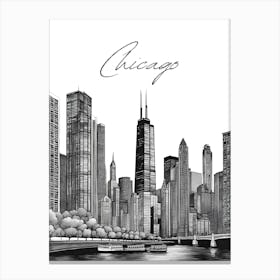 Chicago Skyline, Black And White Illustration Canvas Print