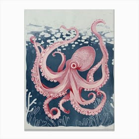 Navy Blue & Red Linocut Inspired Octopus 5 Canvas Print