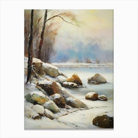 Ancient landscapes, old winter oil paintings and rocks around the lake bank. Snow is falling on the lake, old colors.1 1 Canvas Print