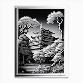 Osaka Castle Park, 1, Japan Linocut Black And White Vintage Canvas Print