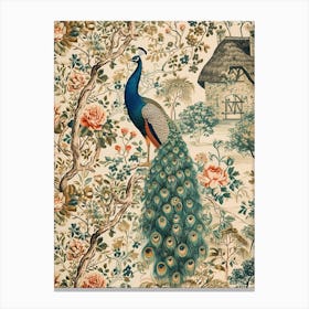 Vintage Peacock Wallpaper Outside A Thatched Cottage 1 Canvas Print