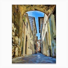 Lucca Charming Alleyway in Sunlight. A picturesque narrow alleyway bathed in warm sunlight, featuring an arched passage and rustic yellow walls. The cobblestone path creates an inviting perspective, leading the viewer deeper into this serene and timeless scene. 1 Canvas Print