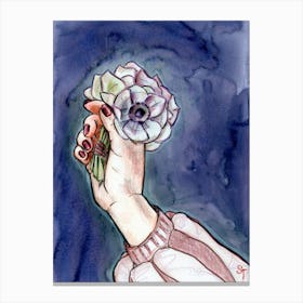 Watercolor Floral Painting Woman Holding a Bouquet of Anemones in Hand Canvas Print